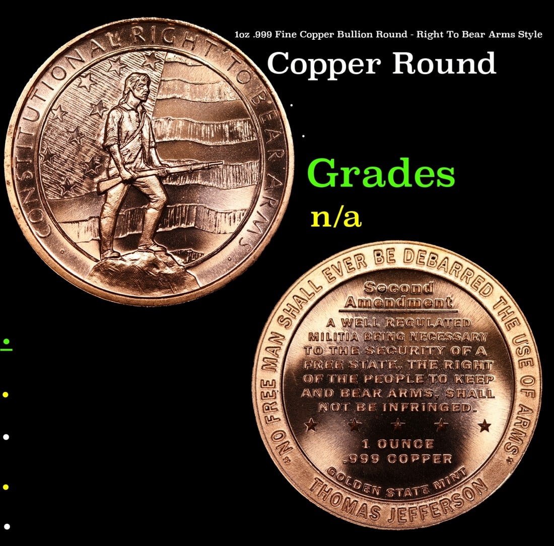 1oz .999 Fine Copper Bullion Round - Right To Bear Arms Style Grades Ungraded (1 of 3)