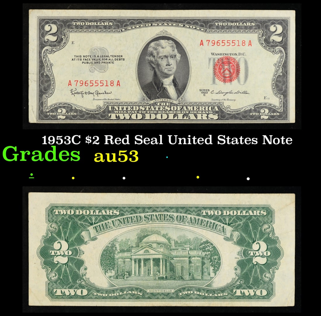 1953C $2 Red Seal United States Note Grades Select AU (1 of 3)