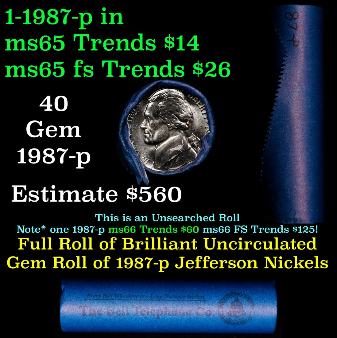 BU Shotgun Jefferson 5c roll, 1987-p 40 pcs Bank $2 Nickel Wrapper: BU Shotgun Jefferson 5c roll, 1987-p 40 pcs Bank $2 Nickel Wrapper.
