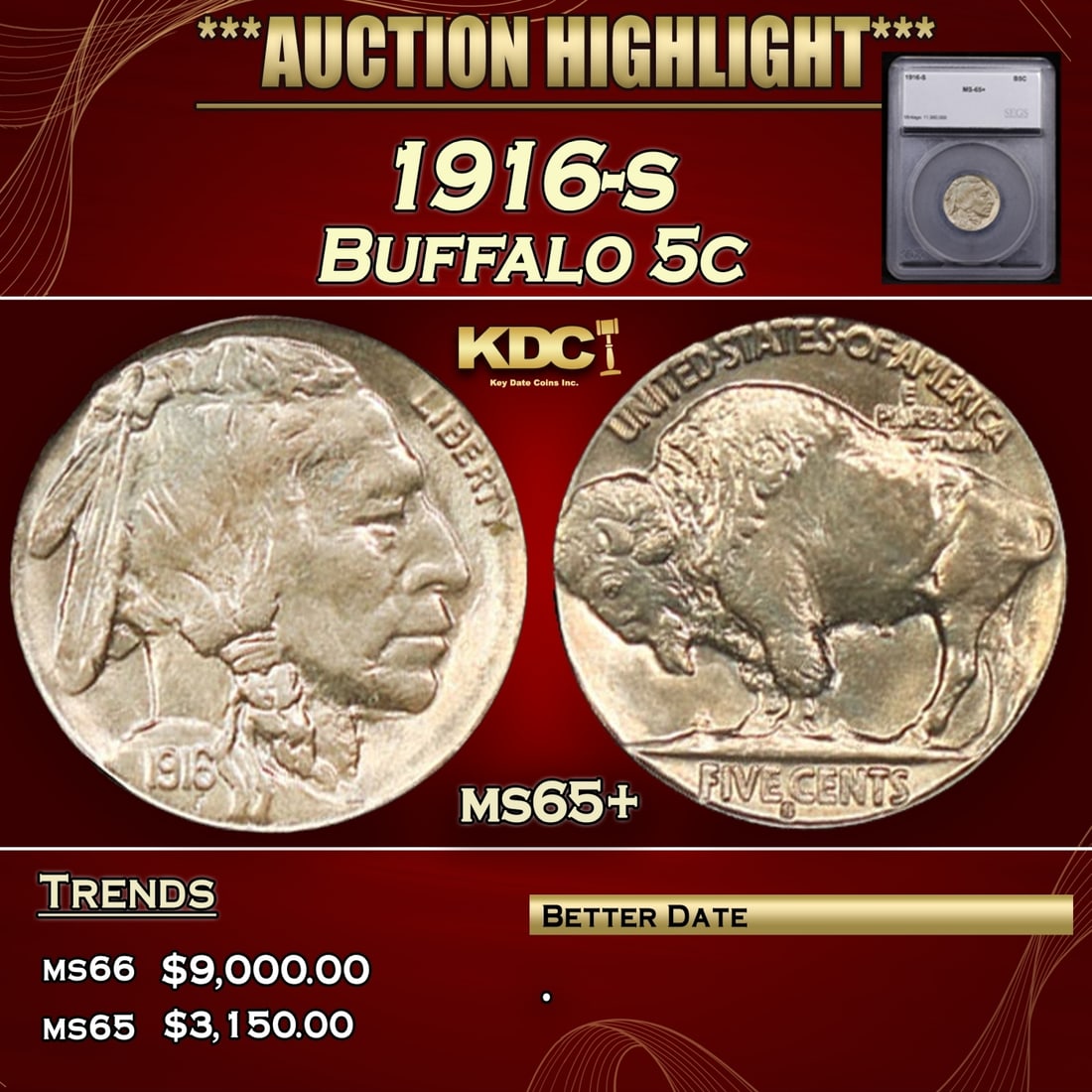 ***Major Highlight*** 1916-s Buffalo Nickel 5c ms65+ SEGS (fc) (1 of 5)