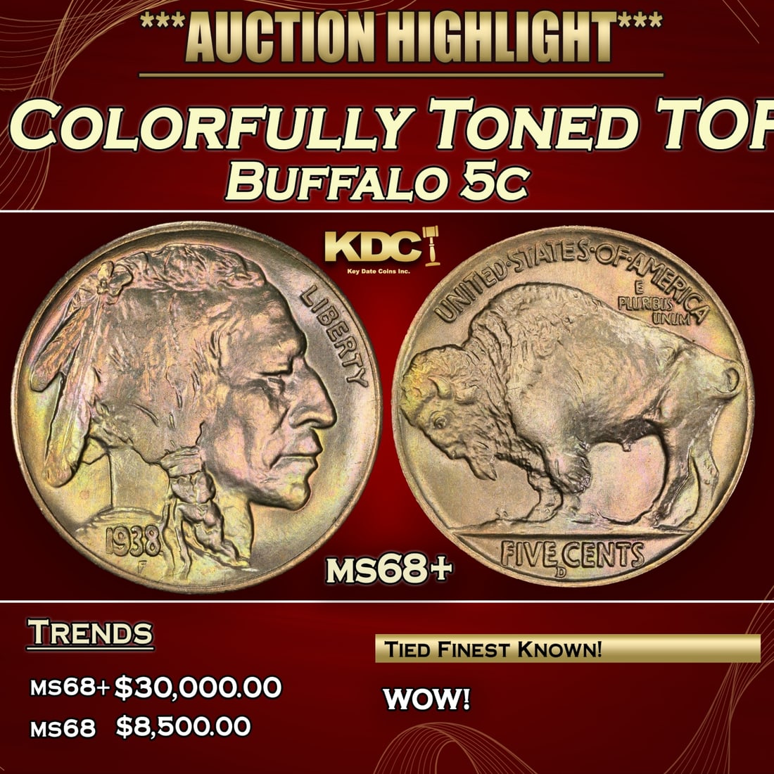 ***Major Highlight*** 1938-d Buffalo Nickel Colorfully Toned TOP POP! 5c ms68+ SEGS (fc) (1 of 5)