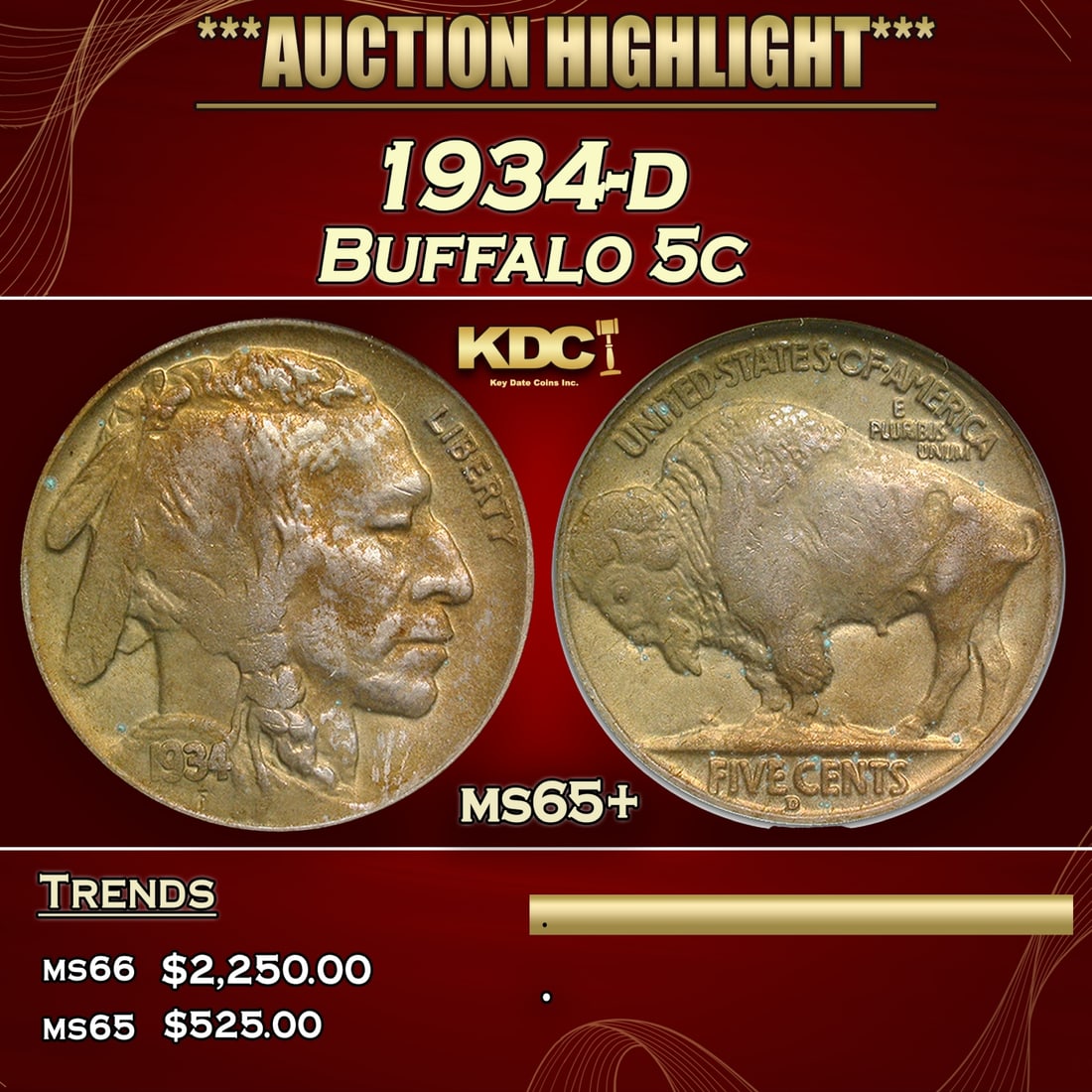 ***Major Highlight*** 1934-d Buffalo Nickel 5c ms65+ SEGS (fc) (1 of 5)