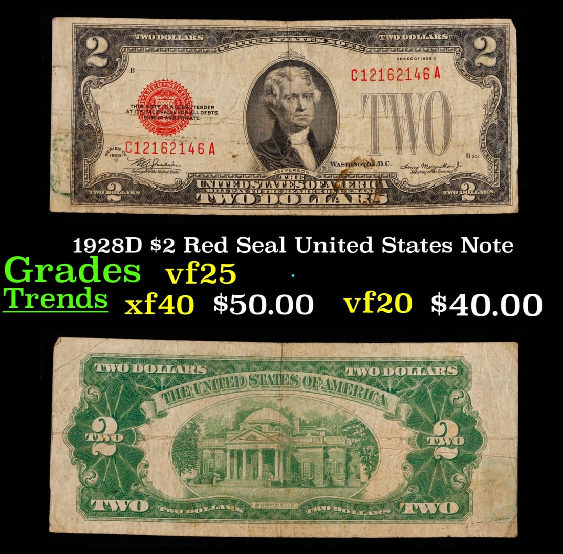 1928D $2 Red Seal United States Note Grades vf+: 1928D $2 Red Seal United States Note Grades vf+. FR-1505 Two dollar bills from the series of 1928 are called 1928 $2 legal tenders. All legal tenders have a red seal. 1928 was also the first year that