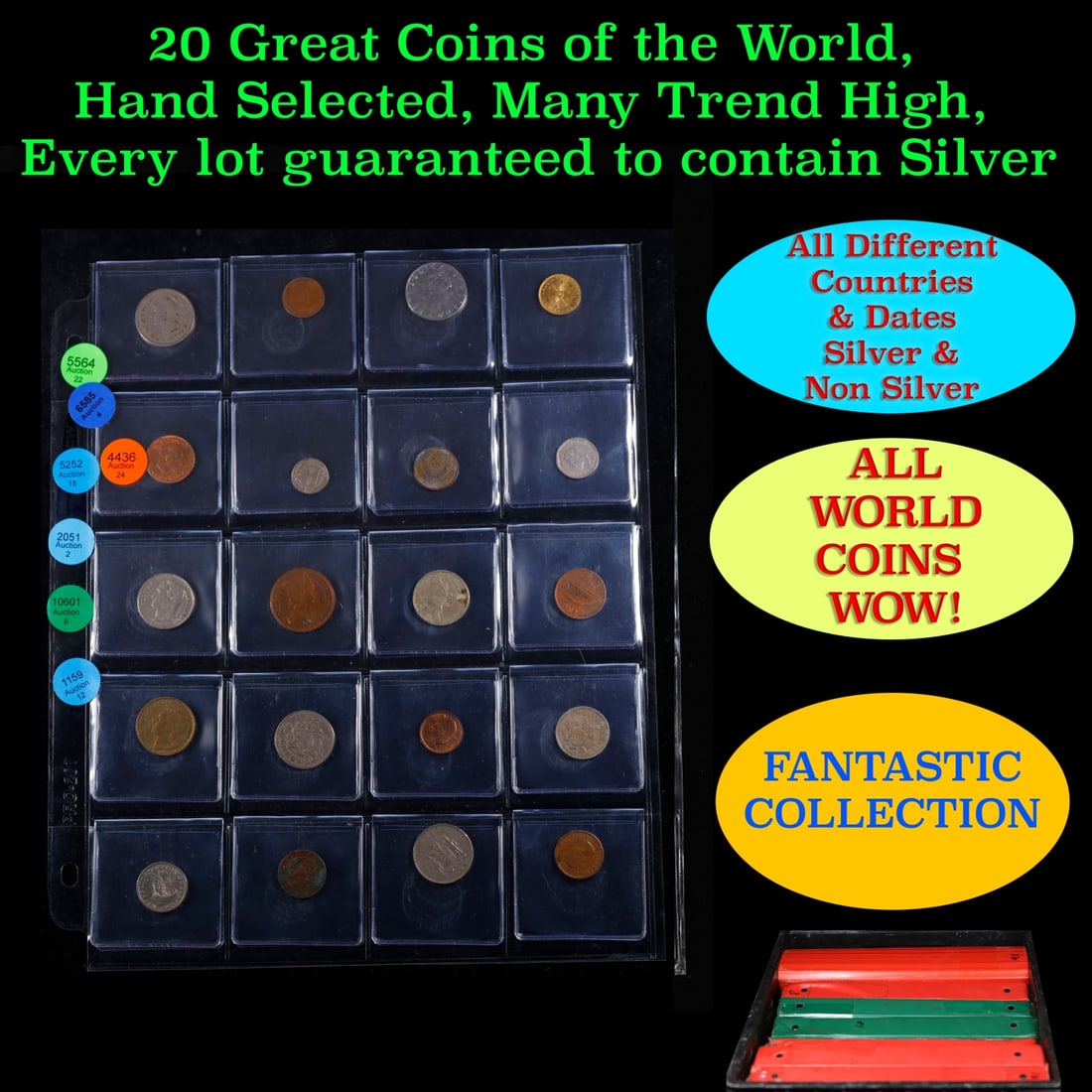 20 Great Coins of the World, hand selected, many trend high, every lot guaranteed to contain Silver.: 20 Great Coins of the World, hand selected, many trend high, every lot guaranteed to contain Silver.. We have received a huge collection of over 10 thousand US coins in flips, 2x2 holders, and 20 coin