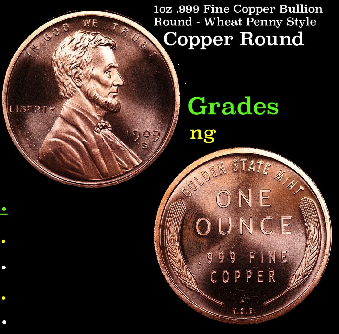 1oz .999 Fine Copper Bullion Round - Wheat Penny Style: 1oz .999 Fine Copper Bullion Round - Wheat Penny Style.