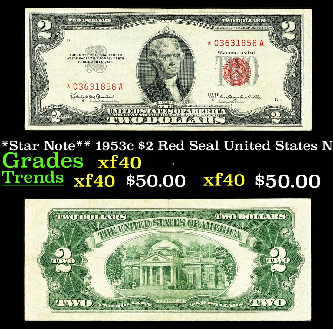 **Star Note** 1953c $2 Red Seal United States Note Grades xf (1 of 3)