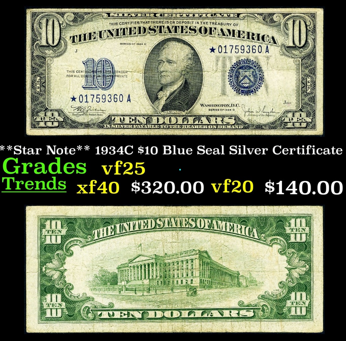 **Star Note** 1934C $10 Blue Seal Silver Certificate Grades vf+ (1 of 3)