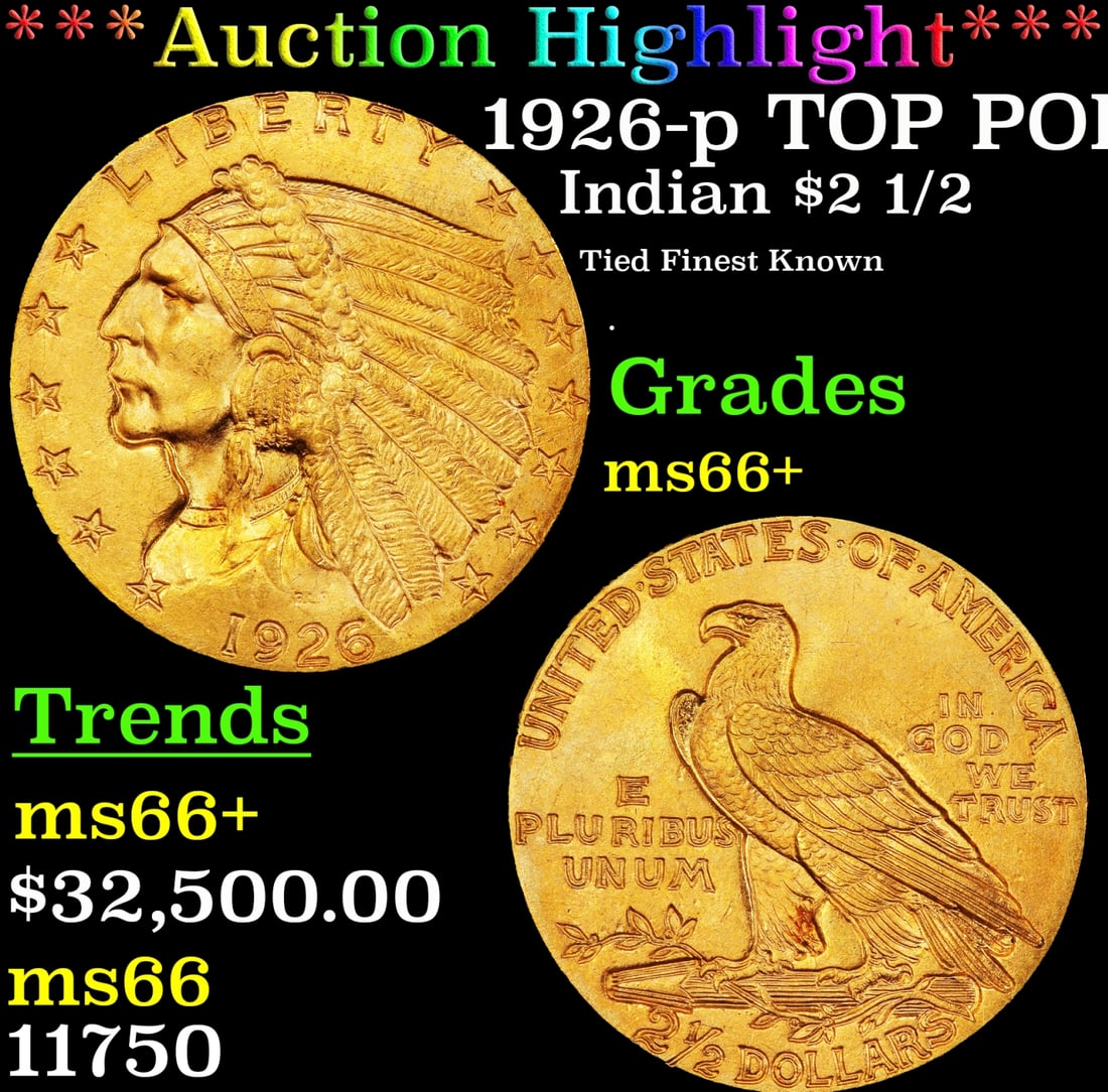1926-p Gold Indian Quarter Eagle TOP POP! $2 1/2 GEM++ Unc USCG (1 of 3)