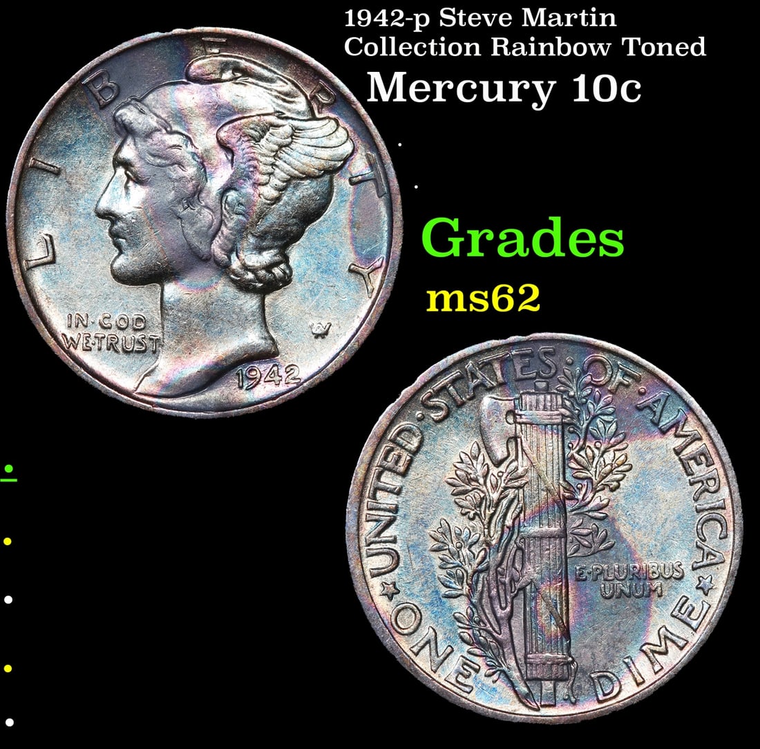 1942-p Mercury Dime Steve Martin Collection Rainbow Toned 10c Grades Select Unc: 1942-p Steve Martin Collection Rainbow Toned Mercury Dime 10c Grades Select Unc.