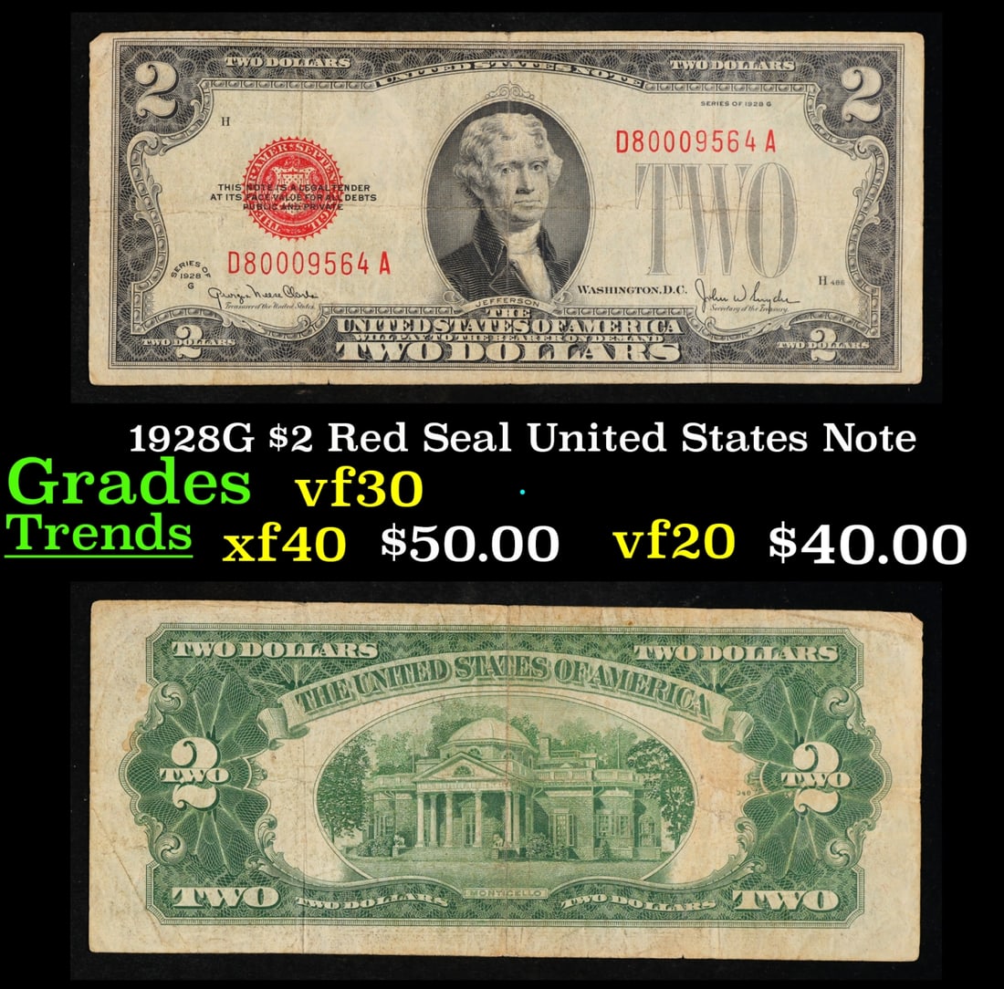 1928G $2 Red Seal United States Note Grades vf++: 1928G $2 Red Seal United States Note Grades vf++. FR-1508 Two dollar bills from the series of 1928 are called 1928 $2 legal tenders. All legal tenders have a red seal. 1928 was also the first year tha