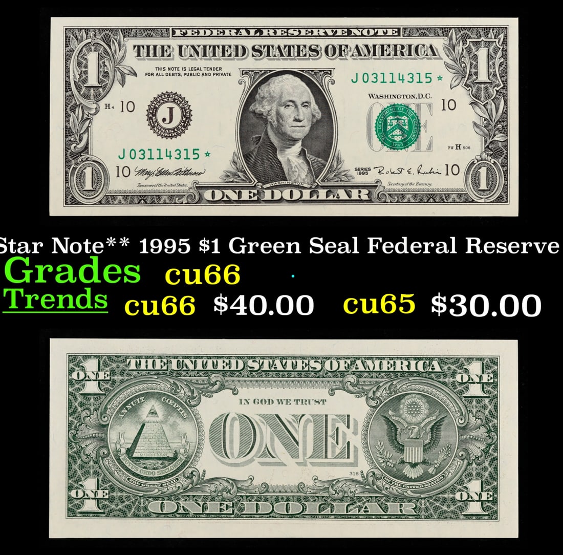 **Star Note** 1995 $1 Green Seal Federal Reserve Note Grades Gem+ CU (1 of 3)