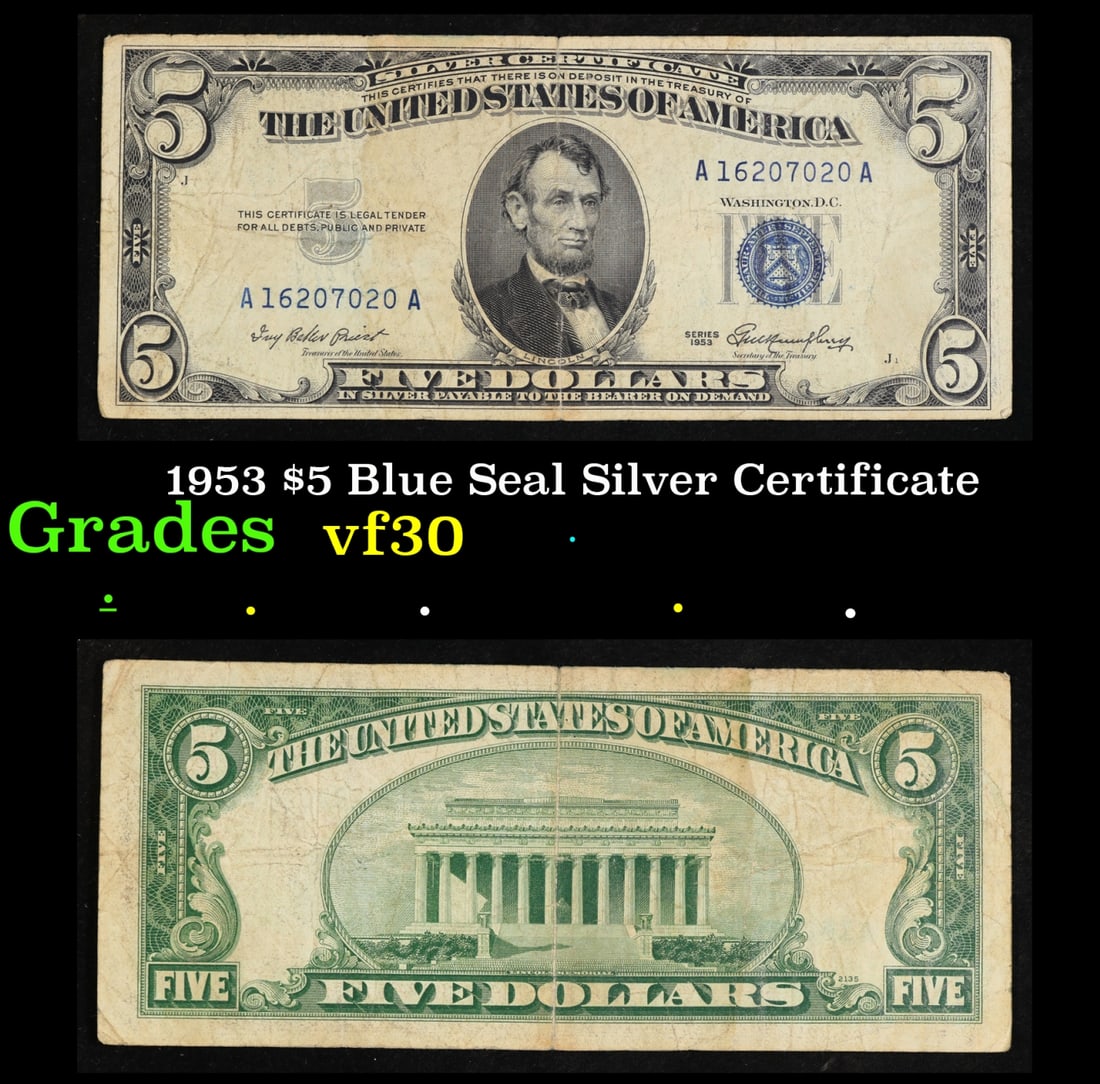 1953 $5 Blue Seal Silver Certificate Grades vf++: 1935A $1 Silver Certificate Hawaii WWII Emergency Currency Grades vf+ Block. FR-2300 The $1 Hawaii Note Came in 7 Blocks the SC Block Which is the most common, The LC, PC, CC, and YB Blocks are All eq
