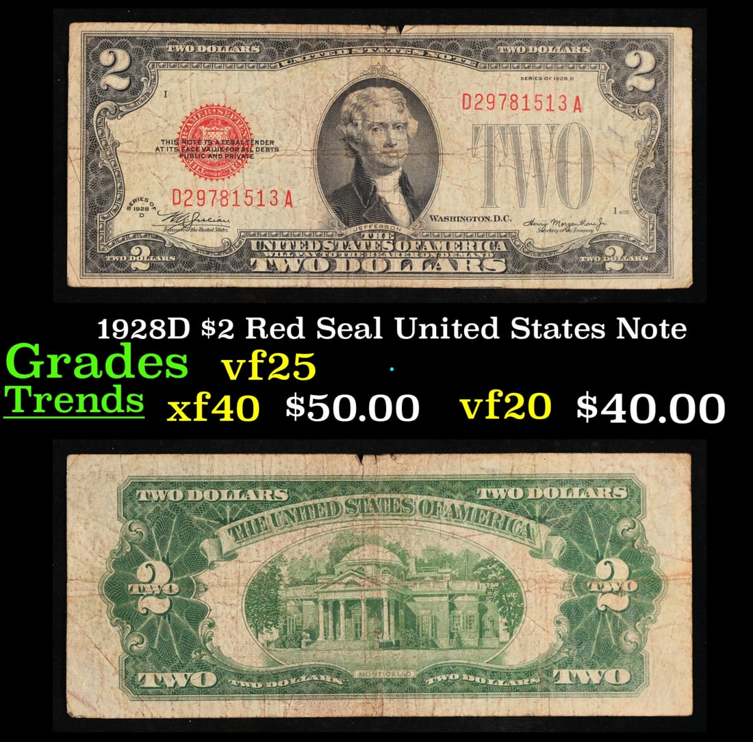 1928D $2 Red Seal United States Note Grades vf+ (1 of 3)