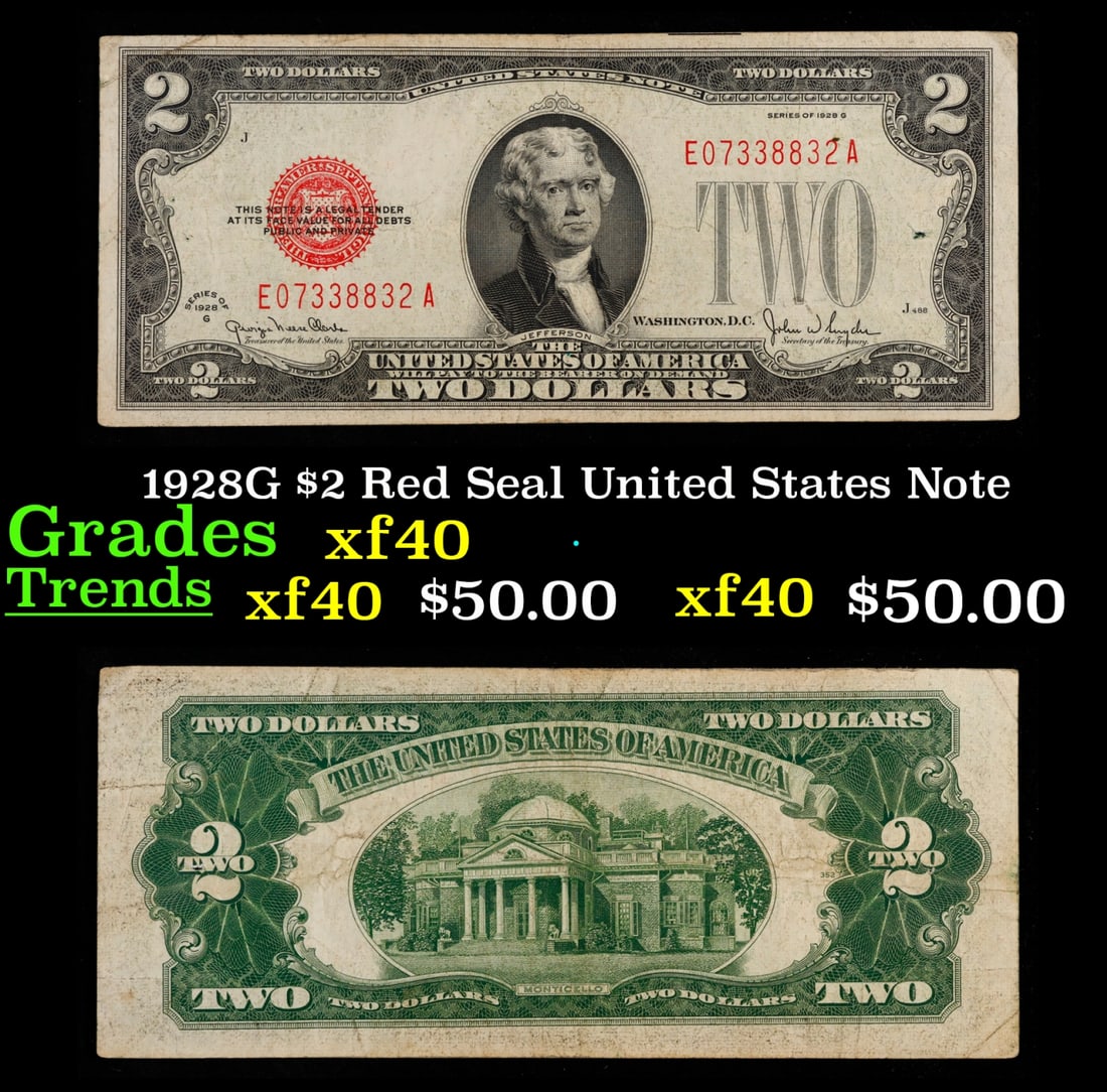 1928G $2 Red Seal United States Note Grades xf: 1928G $2 Red Seal United States Note Grades xf. FR-1508 Two dollar bills from the series of 1928 are called 1928 $2 legal tenders. All legal tenders have a red seal. 1928 was also the first year that