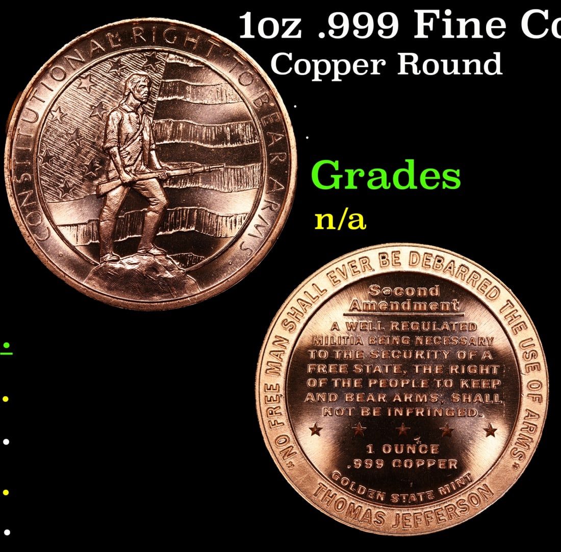1oz .999 Fine Copper Bullion Round - Right to Bear Arms Style Grades (1 of 3)