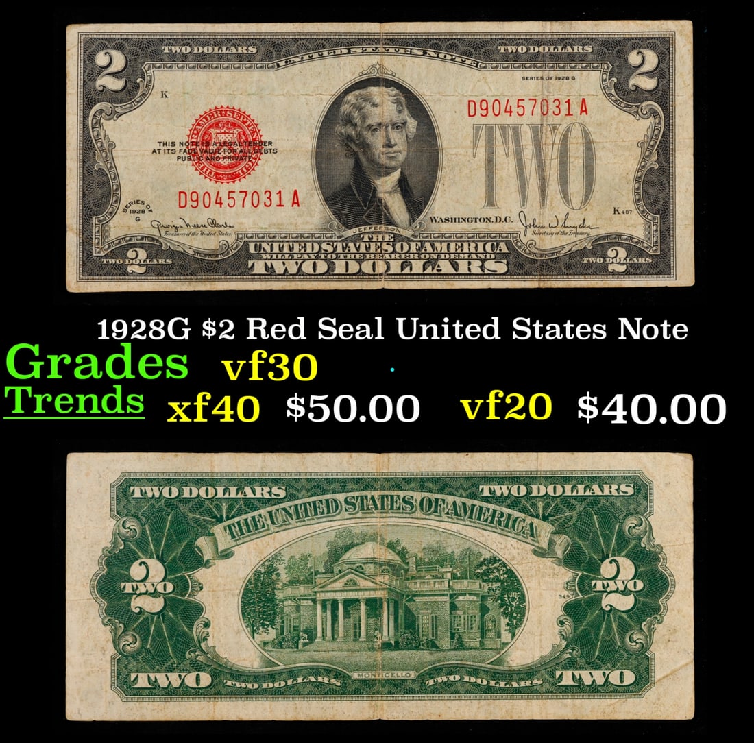 1928G $2 Red Seal United States Note Grades vf++: 1928G $2 Red Seal United States Note Grades vf++. FR-1508 Two dollar bills from the series of 1928 are called 1928 $2 legal tenders. All legal tenders have a red seal. 1928 was also the first year tha