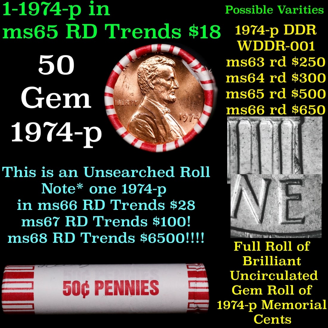BU Shotgun Lincoln 1c roll, 1974-p 50 pcs Bank Wrapper 50c: BU Shotgun Lincoln 1c roll, 1974-p 50 pcs Bank Wrapper 50c.