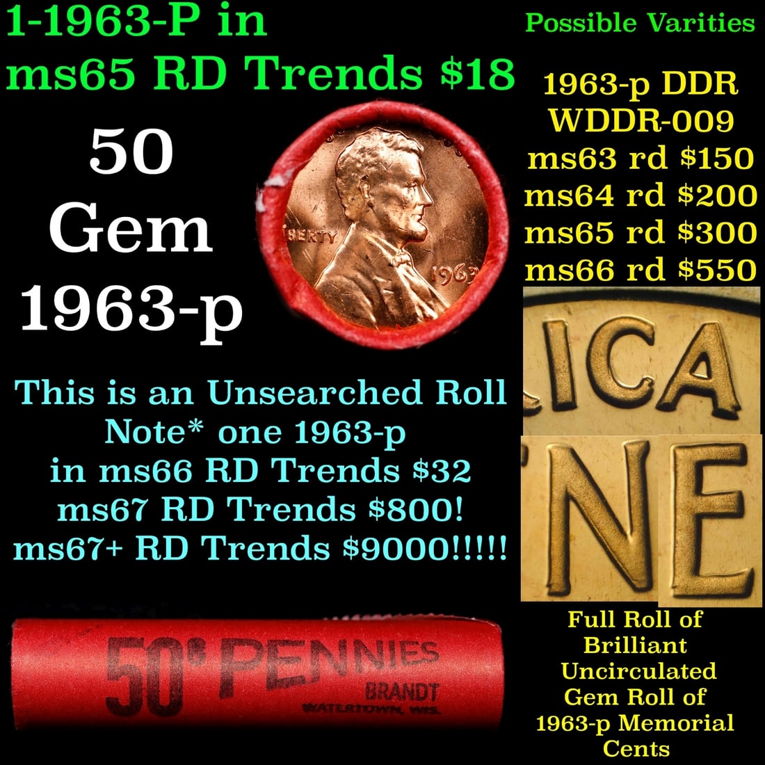 BU Shotgun Lincoln 1c roll, 1963-p 50 pcs Bank Wrapper 50c: BU Shotgun Lincoln 1c roll, 1963-p 50 pcs Bank Wrapper 50c. A terrific Shotgun roll of Lincoln cents in a Bank wrapper. Most if not all coins should be cherry red.