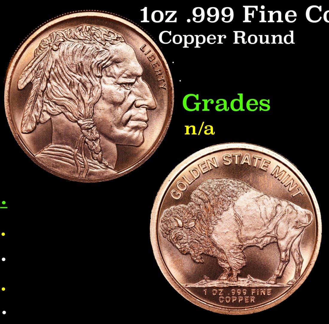 1oz .999 Fine Copper Bullion Round - Buffalo Nickel style Grades (1 of 3)