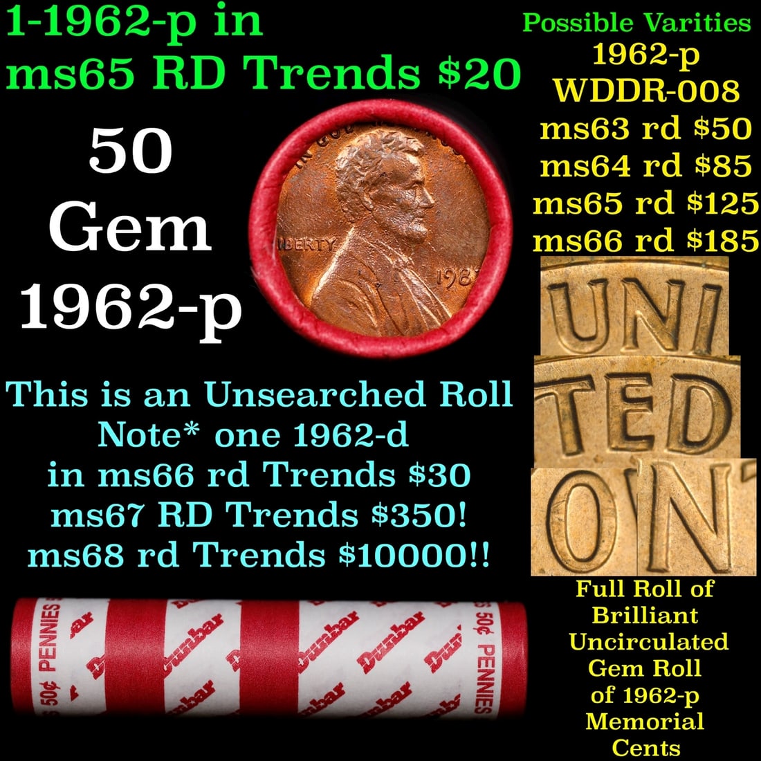 BU Shotgun Lincoln 1c roll, 1982-p 50 pcs Dunbar Wrapper 50c: BU Shotgun Lincoln 1c roll, 1982-p 50 pcs Dunbar Wrapper 50c.