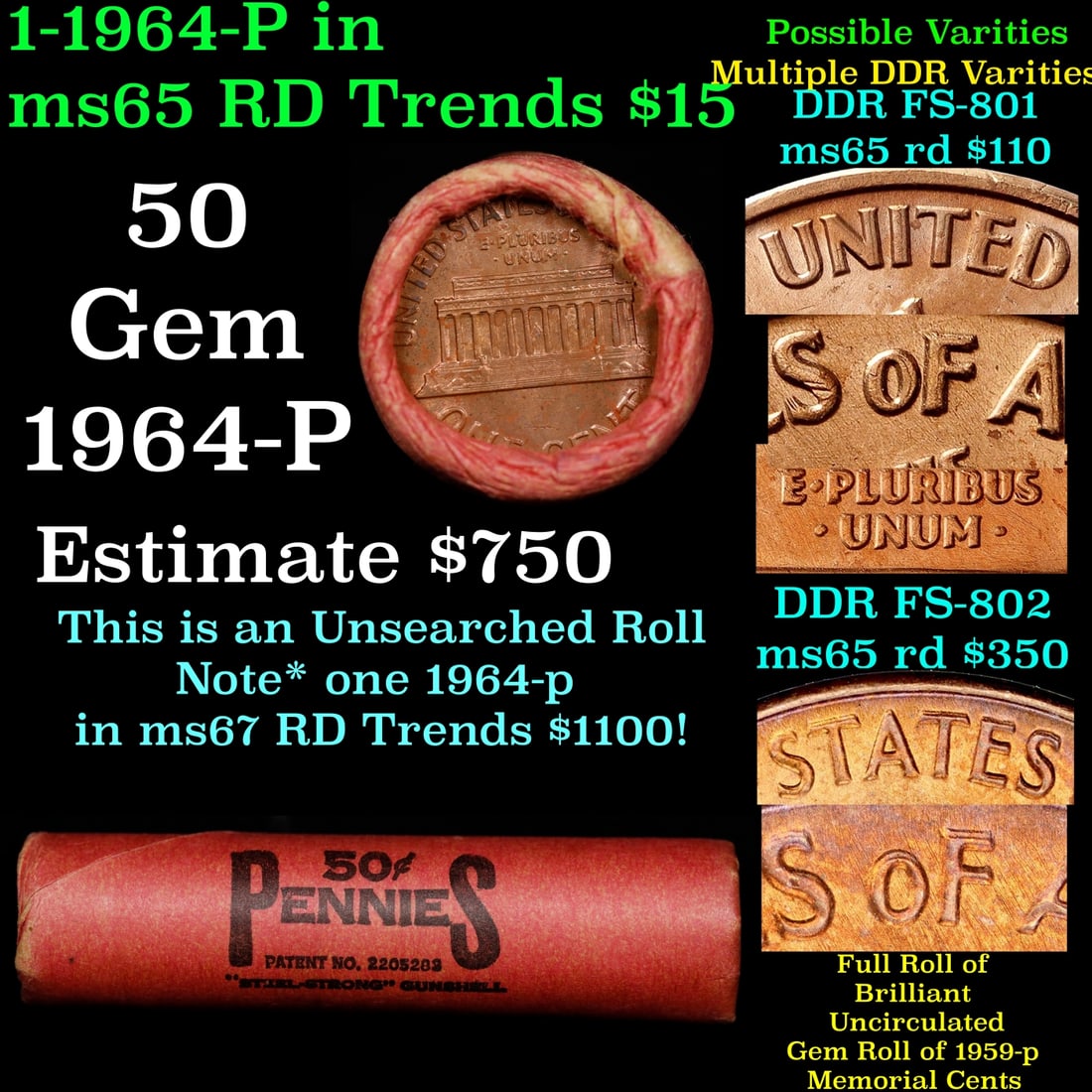 BU Shotgun Lincoln 1c roll, 1964-p 50 pcs Bank Wrapper 50c: BU Shotgun Lincoln 1c roll, 1964-p 50 pcs Bank Wrapper 50c. A terrific Shotgun roll of Lincoln cents in a Bank wrapper. Most if not all coins should be cherry red.