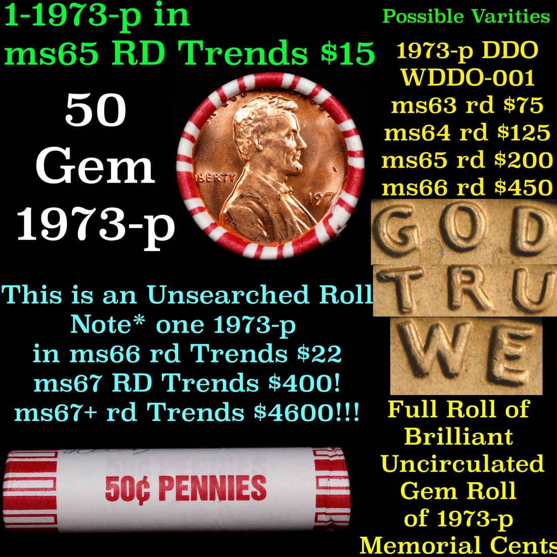 BU Shotgun Lincoln 1c roll, 1973-p 50 pcs Bank Wrapper 50c: BU Shotgun Lincoln 1c roll, 1973-p 50 pcs Bank Wrapper 50c. A terrific Shotgun roll of Lincoln cents in a Bank wrapper. Most if not all coins should be cherry red.