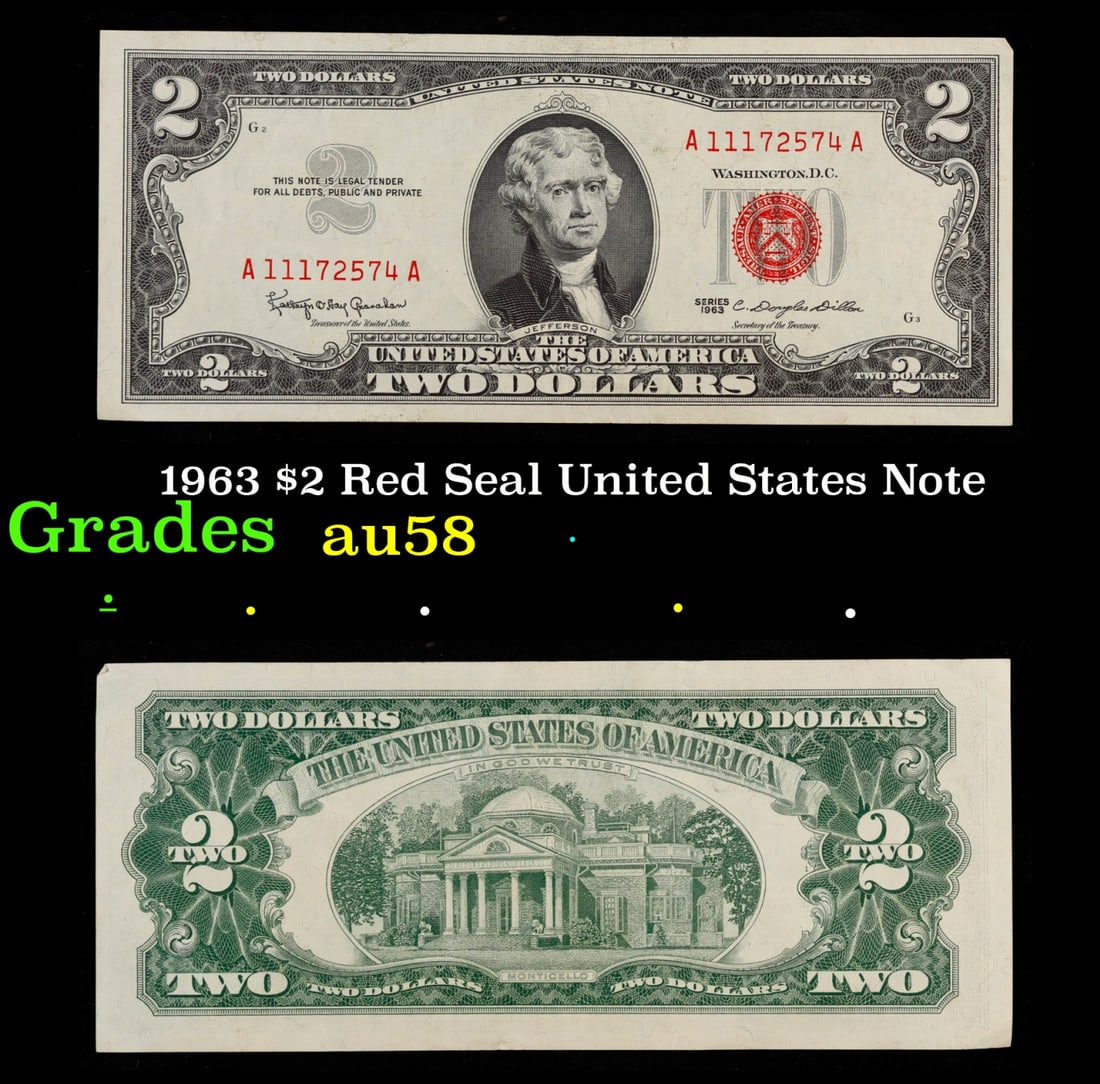 1963 $2 Red Seal United States Note Grades Choice AU/BU Slider: 1963 $2 Red Seal United States Note Grades Choice AU/BU Slider. 1963 Legal Tender (United States Note). 1963 marks the last year that red seals were printed on two dollar bills. This is also the last