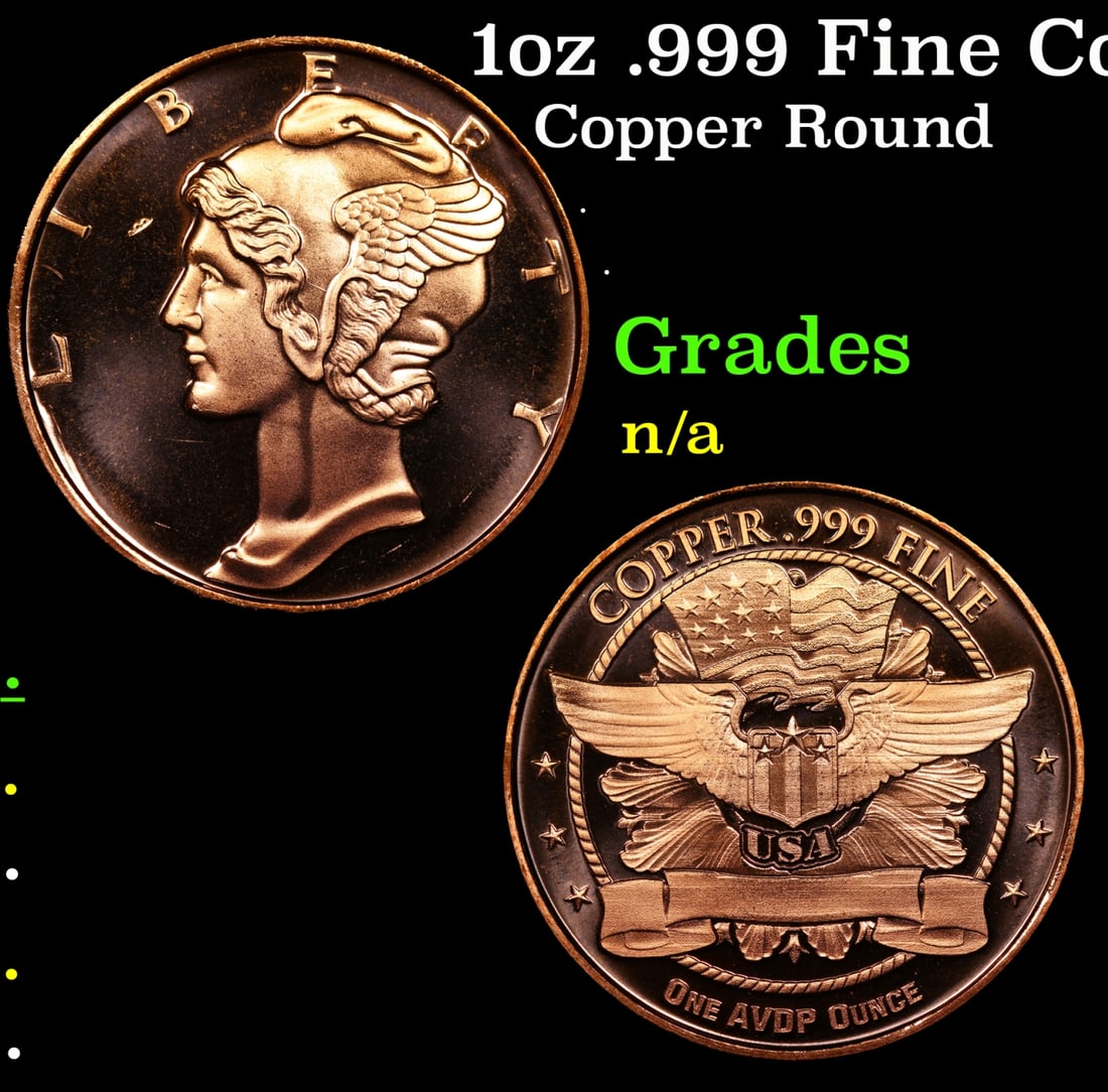 1oz .999 Fine Copper Bullion Round - Mercury Dime Style Grades (1 of 3)