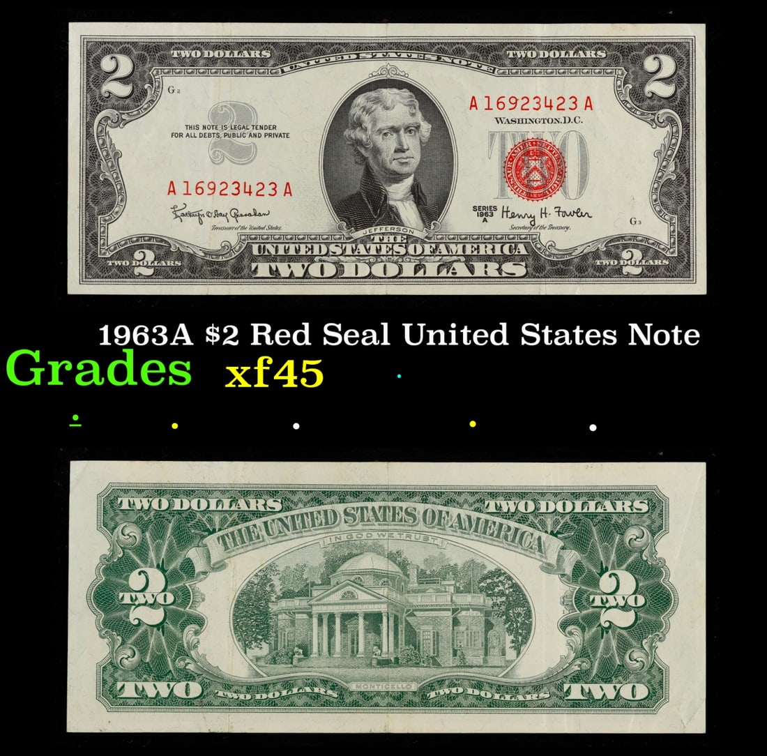 1963A $2 Red Seal United States Note Grades xf+ (1 of 3)