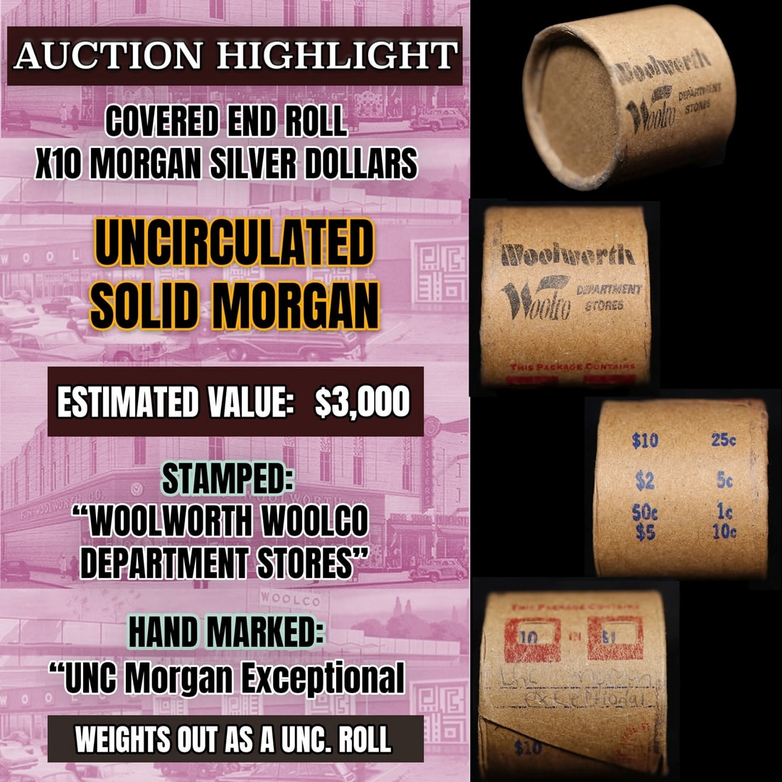 *EXCLUSIVE* x10 Morgan Covered End Roll! Marked "Unc Morgan Exceptional"! - Huge Vault Hoard (FC): *EXCLUSIVE* x10 Morgan Covered End Roll! Marked "Unc Morgan Exceptional"! - Huge Vault Hoard (FC). Exciting News from The Long Island Hoard!Prepare to be amazed! Today, we are thrilled to offer an exc