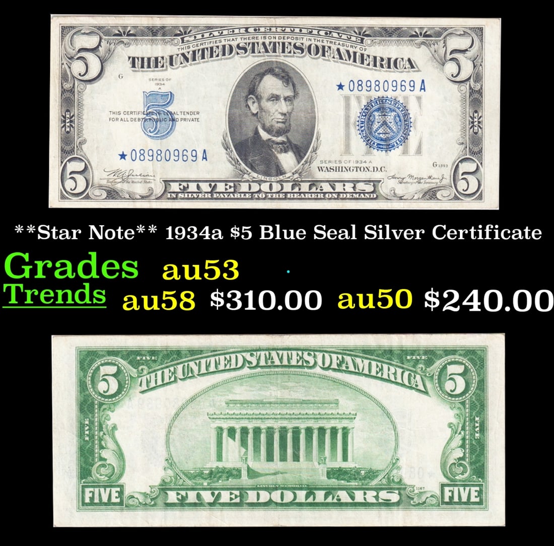 **Star Note** 1934a $5 Blue Seal Silver Certificate Grades Select AU (1 of 3)