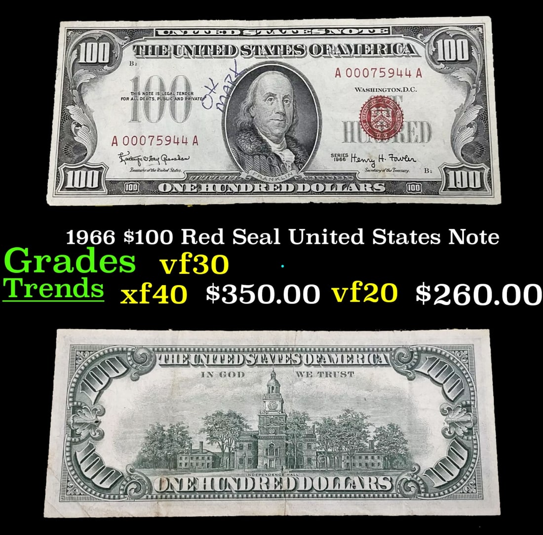 1966 $100 Red Seal United States Note Grades vf++ (1 of 3)