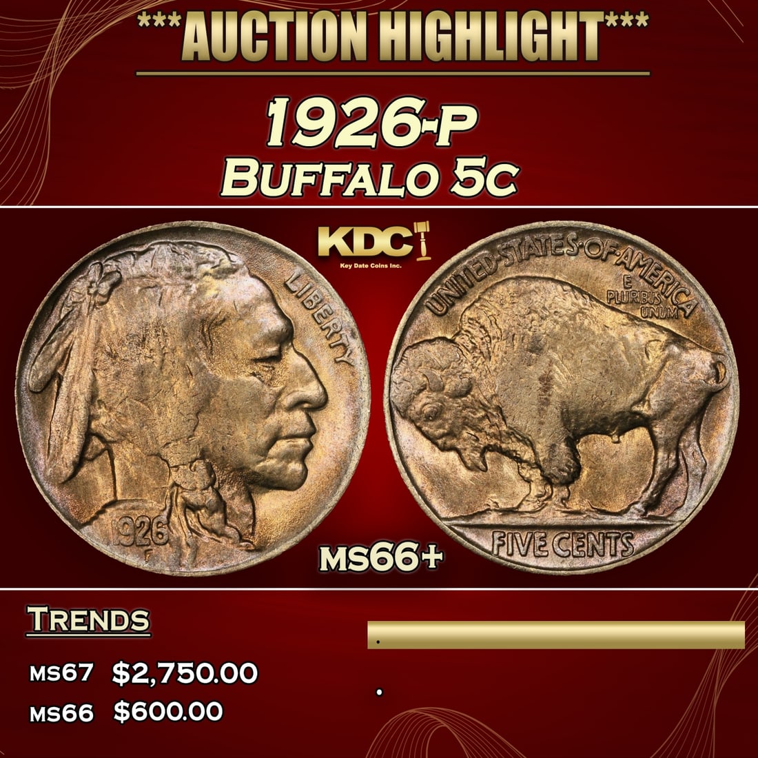 ***Major Highlight*** 1926-p Buffalo Nickel 5c ms66+ SEGS (fc) (1 of 5)