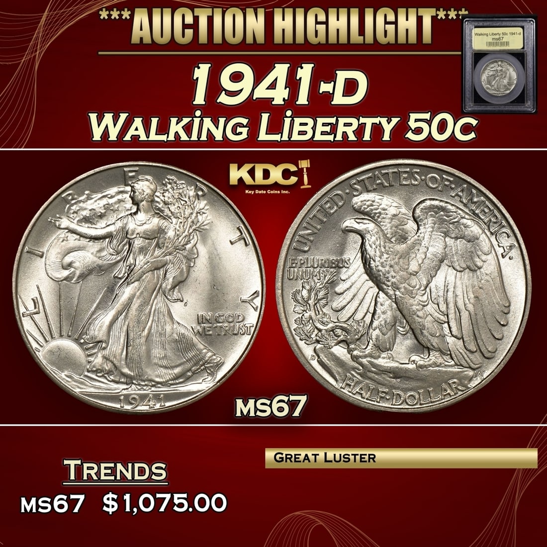 ***Major Highlight*** 1941-d Walking Liberty Half Dollar 50c GEM++ Unc USCG (fc) (1 of 5)