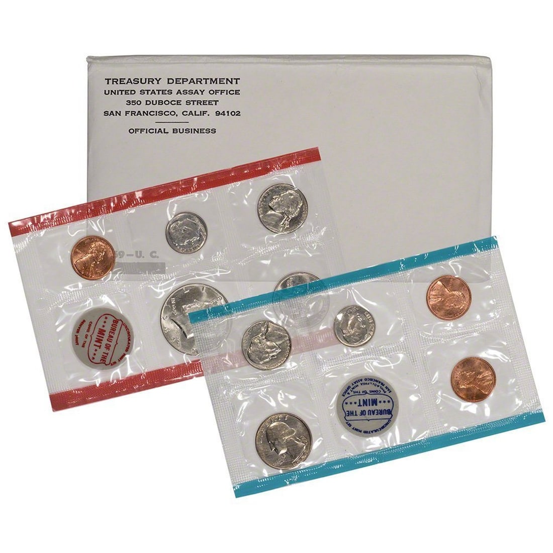 1969 United States Mint Set in Original Government Packaging: 1969 United States Mint Set in Original Government Packaging. This is the 1969 mint set and has all 10 coins including a 40% silver Kennedy Half Dollar. In the original mint envelope.