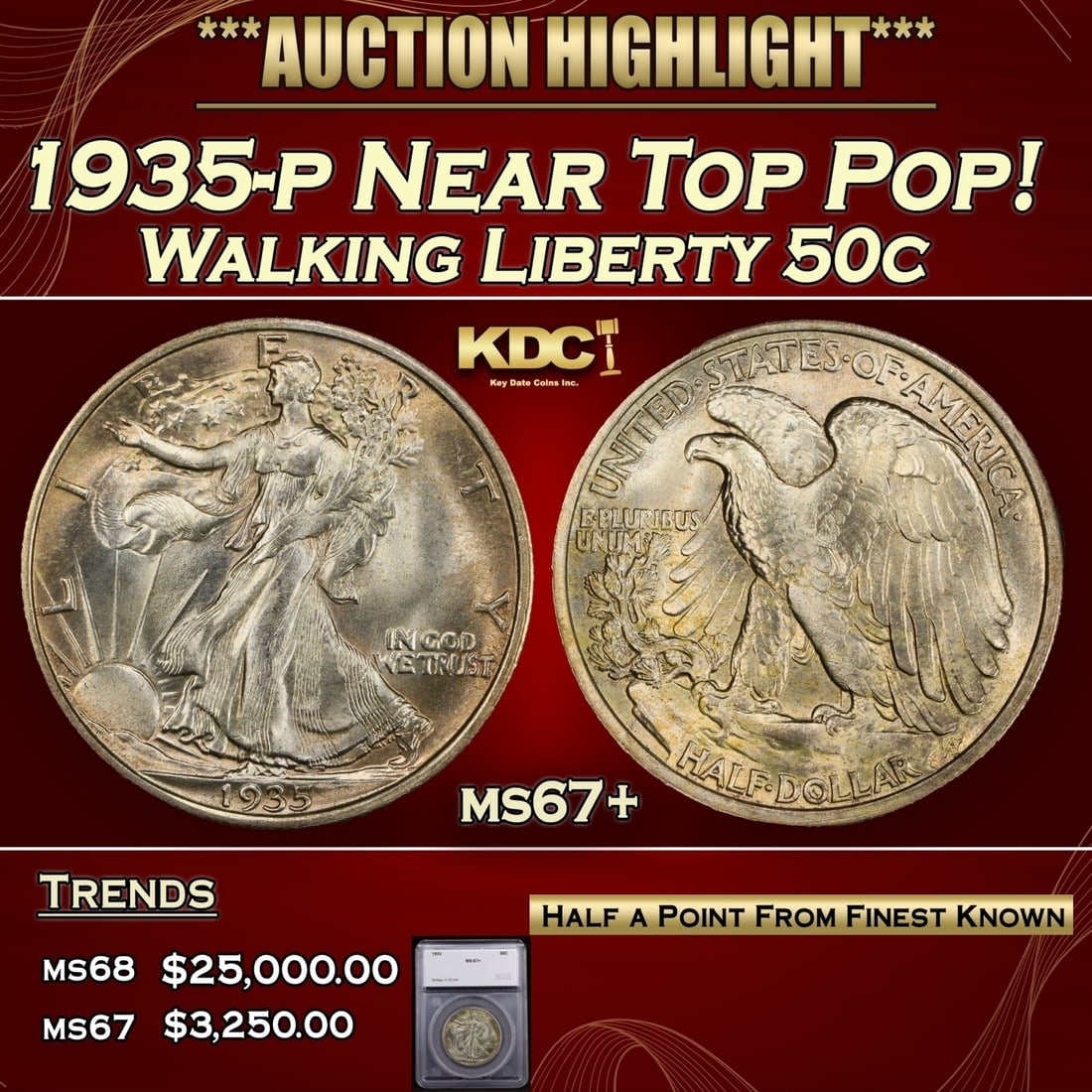 ***Major Highlight*** 1935-p Walking Liberty Half Dollar Near Top Pop! 50c ms67+ SEGS (fc): ***Major Highlight*** 1935-p Near Top Pop! Walking Liberty Half Dollar 50c ms67+ SEGS. A Key Date's Pick, Bid to Win, Don't let it get Away Coin