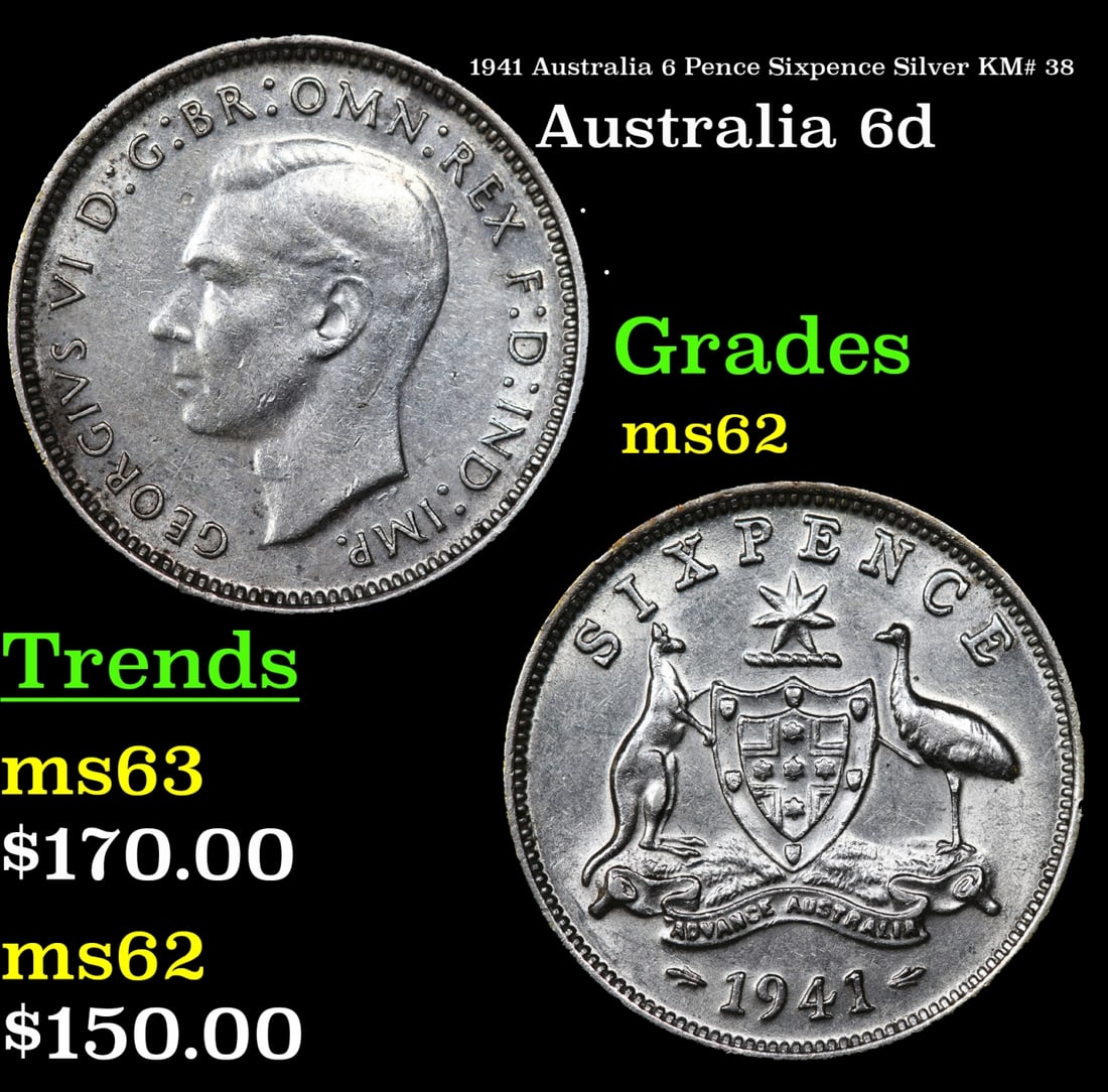1941 Australia 6 Pence Sixpence Silver KM# 38 Grades Select Unc: 1941 Australia 6 Pence Sixpence Silver KM# 38 Grades Select Unc.