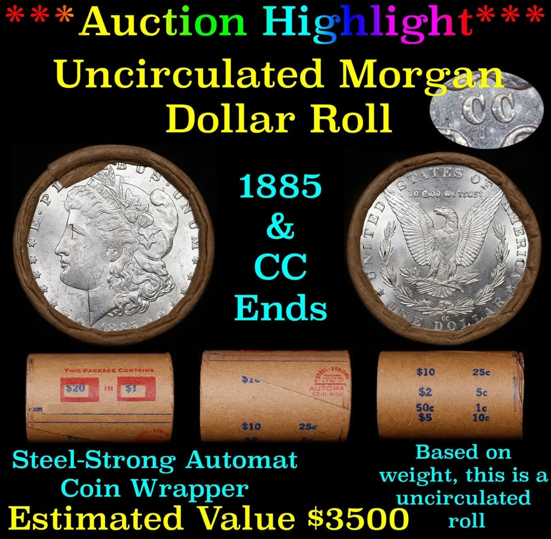 ***Auction Highlight*** 1885 & CC Uncirculated Morgan Dollar Shotgun Roll (fc): ***Auction Highlight*** 1885 & CC Uncirculated Morgan Dollar Shotgun Roll. Uncirculated Morgan Dollar Roll, Superb Ends In an Steel-Strong wrapper. Weighs Perfectly as a Uncirculated Roll.