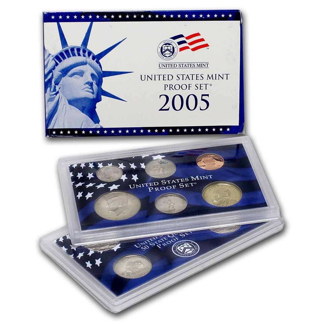 2005 United States Mint Proof Set 10 coins: 2005 United States Mint Proof Set 10 coins. The Set contains 5 Proof State Quarters, a Proof Half Dollar, a Proof Dime, as well as 3 additional Proof coins Including the Sacagawea Proof Dollar coin. C