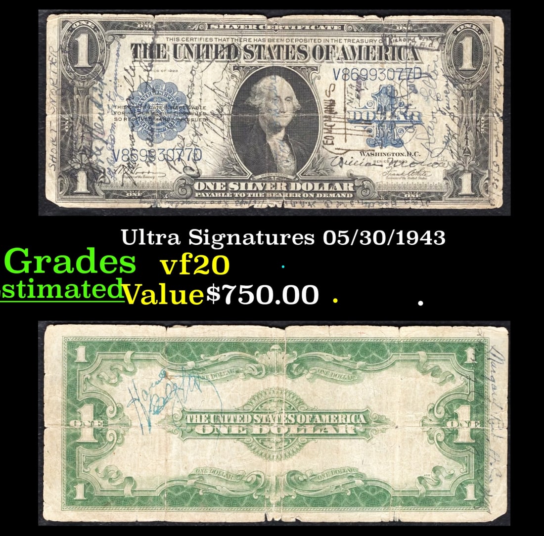 Ultra Rare 1923 $1 Silver Certificate "Short Snorter" 05/30/1943 Grades vf, very fine (1 of 4)