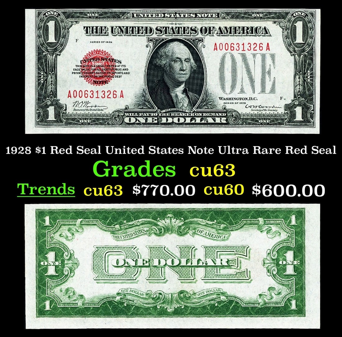 1928 $1 Red Seal United States Note Ultra Rare Red Seal Grades Select CU (1 of 3)