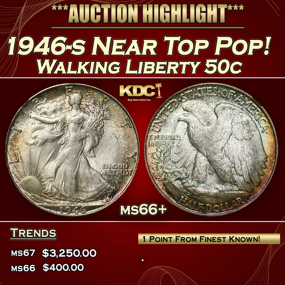 *Highlight* 1946-s Walking Liberty Half Dollar Near Top Pop! 50c ms66+ SEGS (fc): *Highlight* 1946-s Near Top Pop! Walking Liberty Half Dollar 50c ms66+ SEGS.