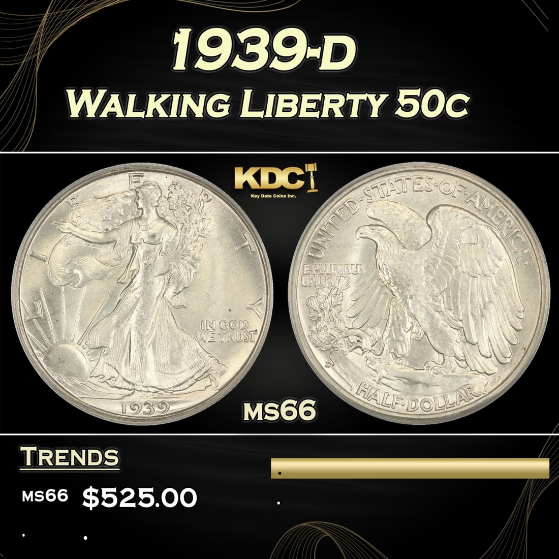 1939-d Walking Liberty Half Dollar 50c Grades GEM+ Unc (1 of 3)