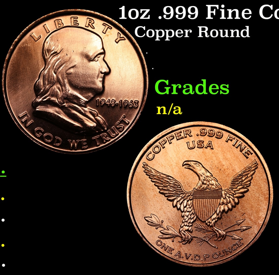1oz .999 Fine Copper Bullion Round - Franklin Half Dollar  style Grades Ungraded (1 of 3)