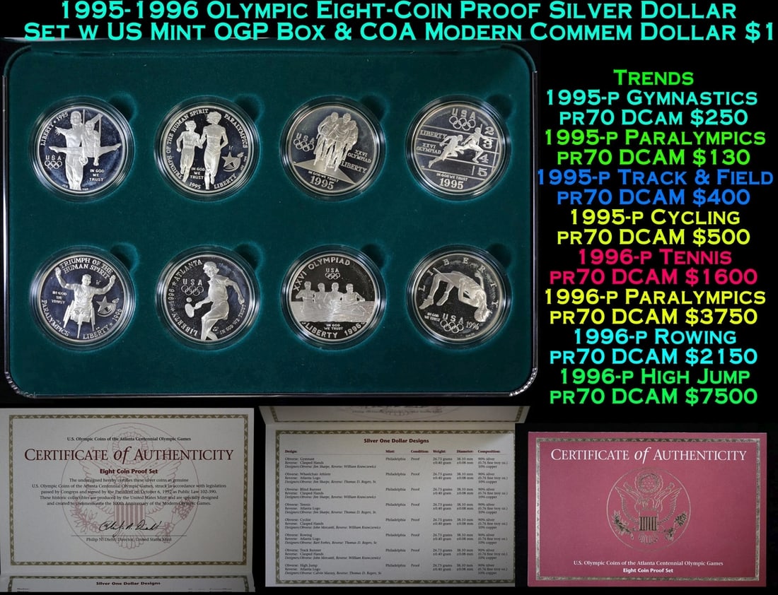 1995-1996 Olympic Eight-Coin Proof Silver Dollar Set w US Mint OGP Box & COA Modern Commem Dollar $1 (1 of 6)