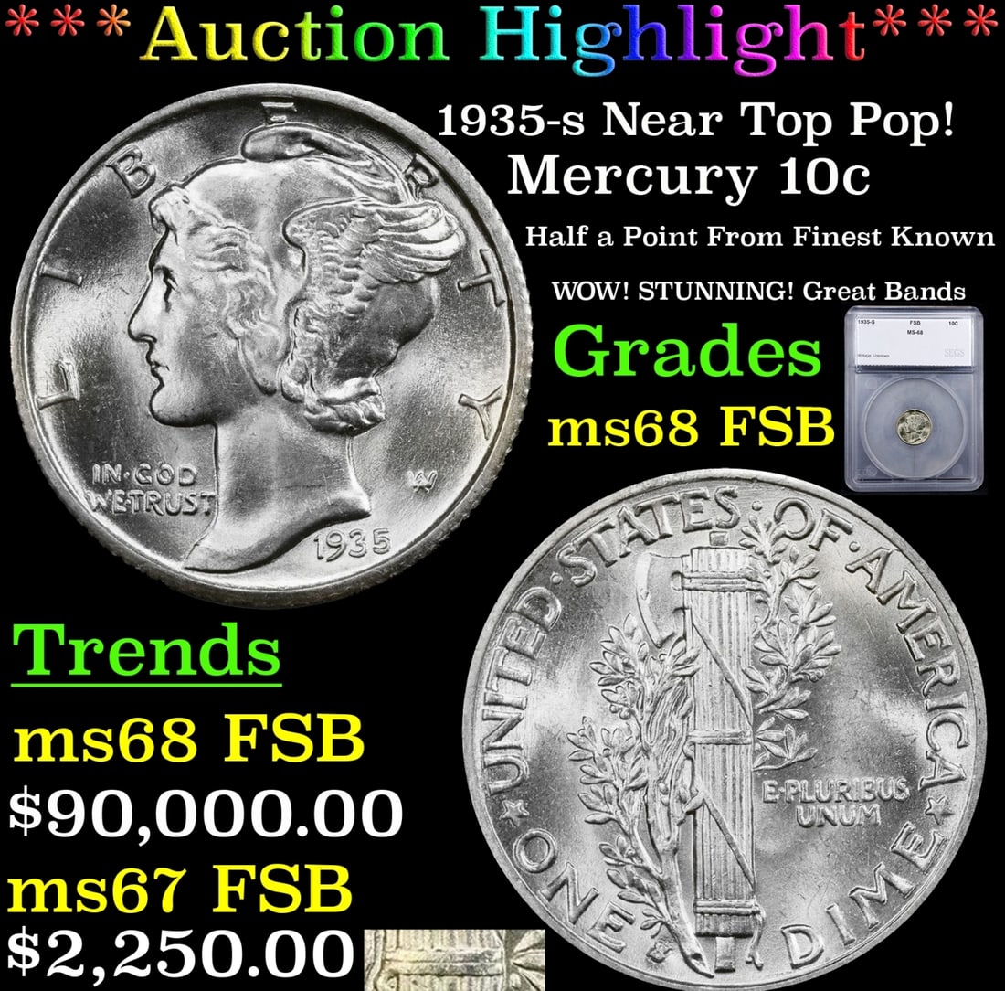 ***Major Highlight*** 1935-s Mercury Dime Near Top Pop! 10c ms68 FSB SEGS (fc) (1 of 5)