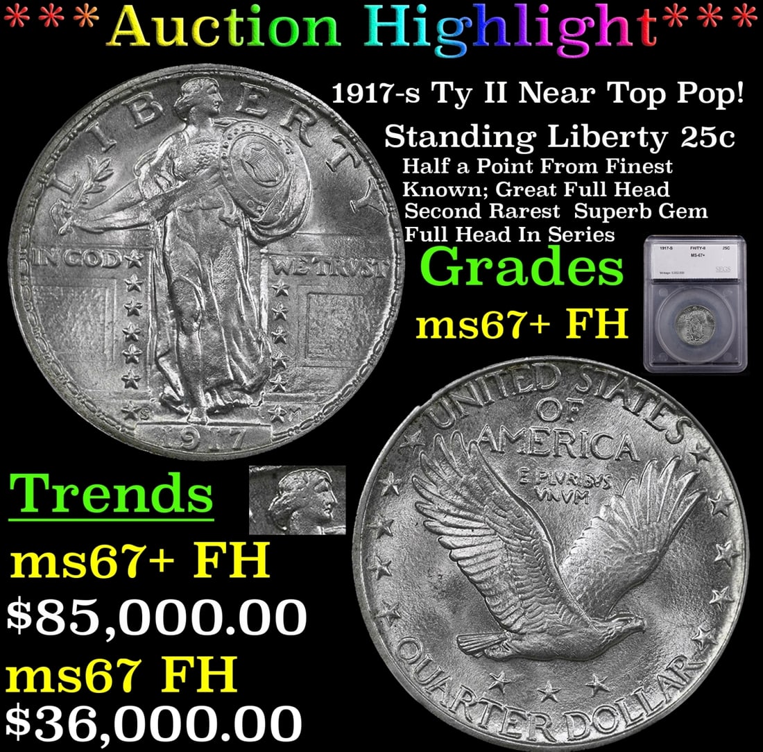 ***Major Highlight*** 1917-s Ty II Standing Liberty Quarter Near Top Pop! 25c ms67+ FH SEGS (fc) (1 of 5)