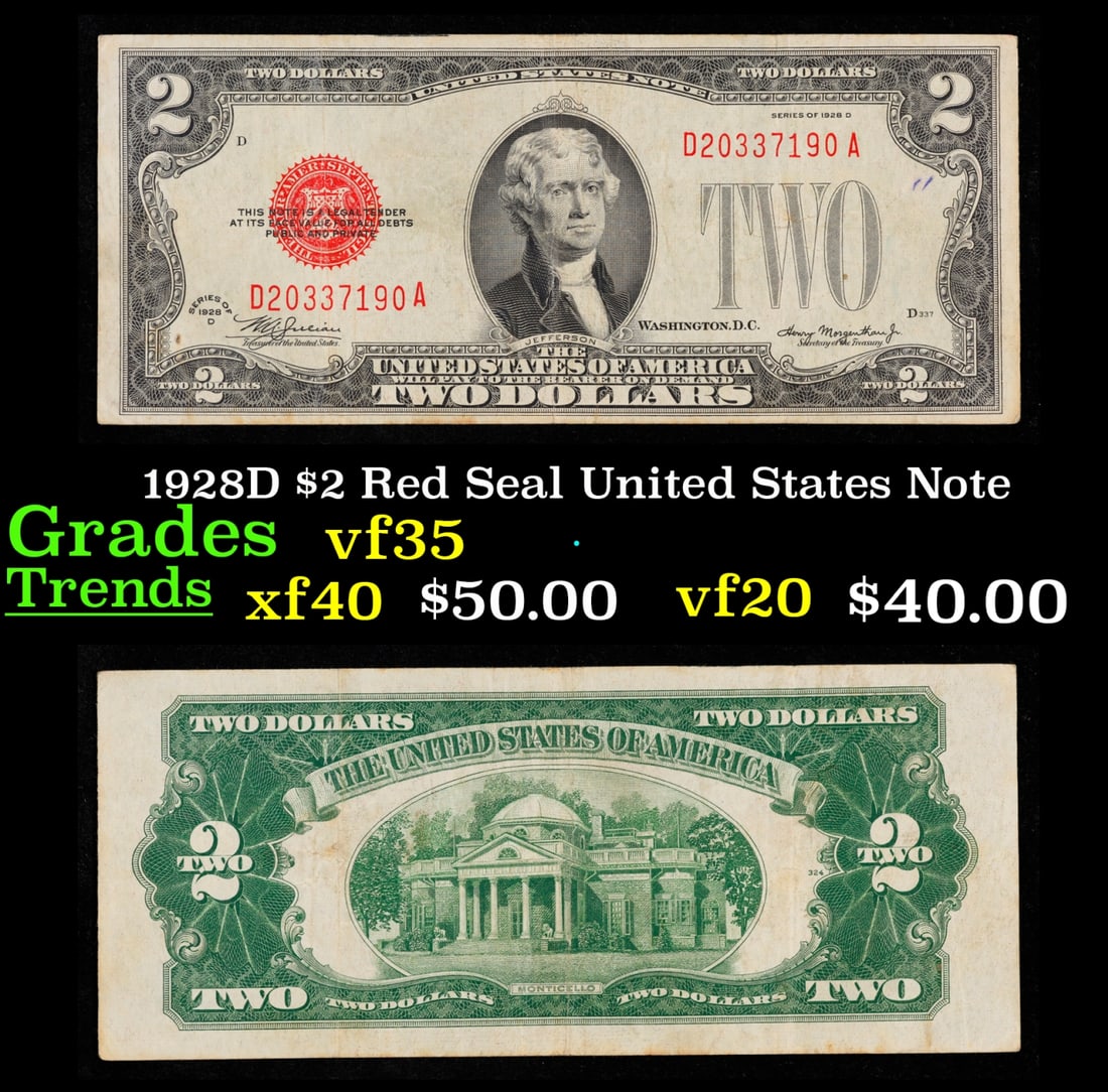 1928D $2 Red Seal United States Note Grades vf++ (1 of 3)