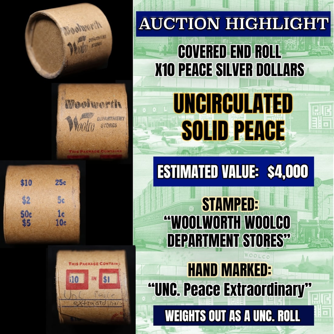 Must See! Covered End Roll! Marked "Unc Peace Extraordinary"! X10 Coins Inside! (FC) (1 of 6)