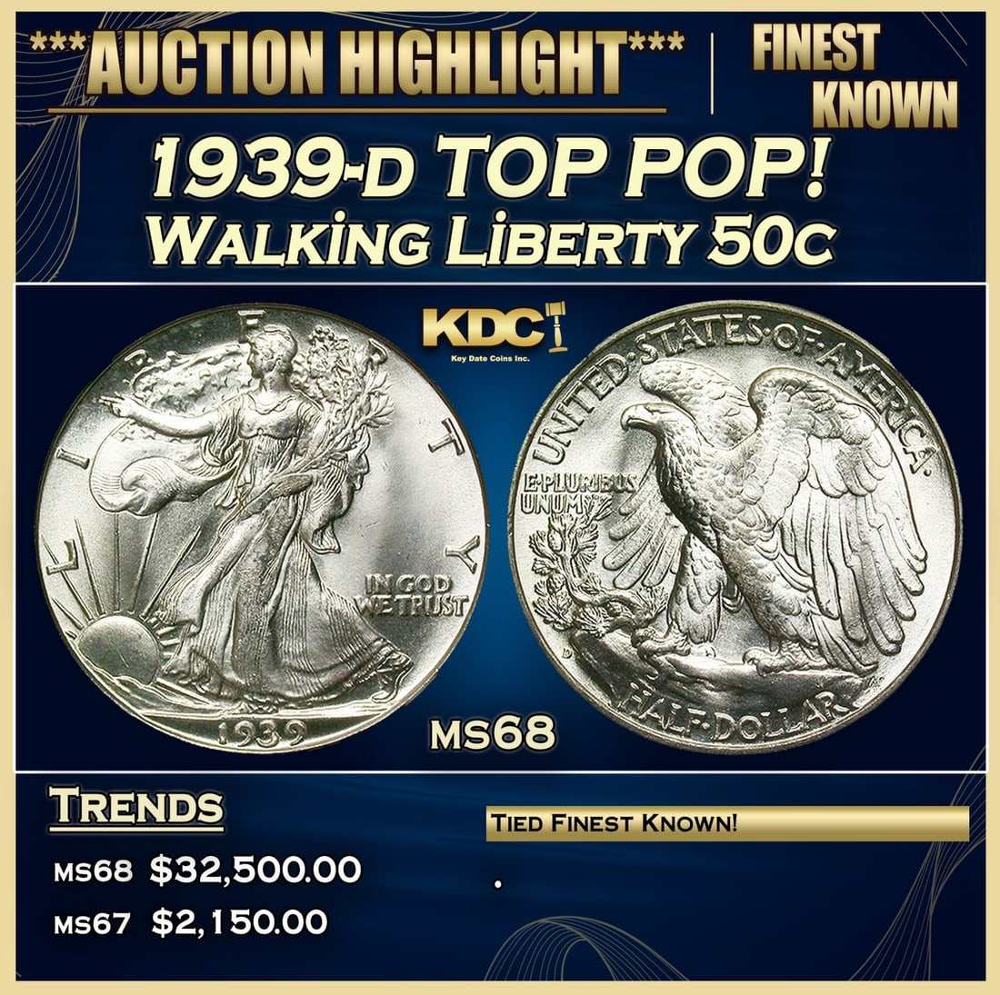 *Highlight* 1939-d Walking Liberty Half Dollar TOP POP! 50c ms68 SEGS (fc) (1 of 5)